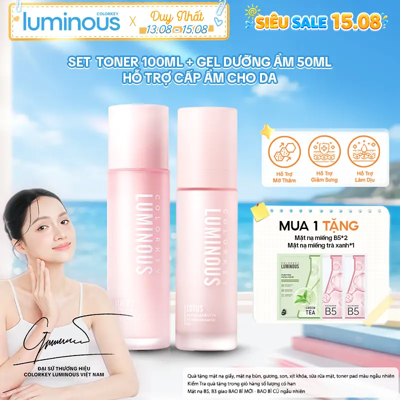 SET 1 TONER 100ml + 1 GEL Dưỡng Ẩm 50ml Colorkey Luminous Hỗ Trợ Cấp Ẩm Cho Da