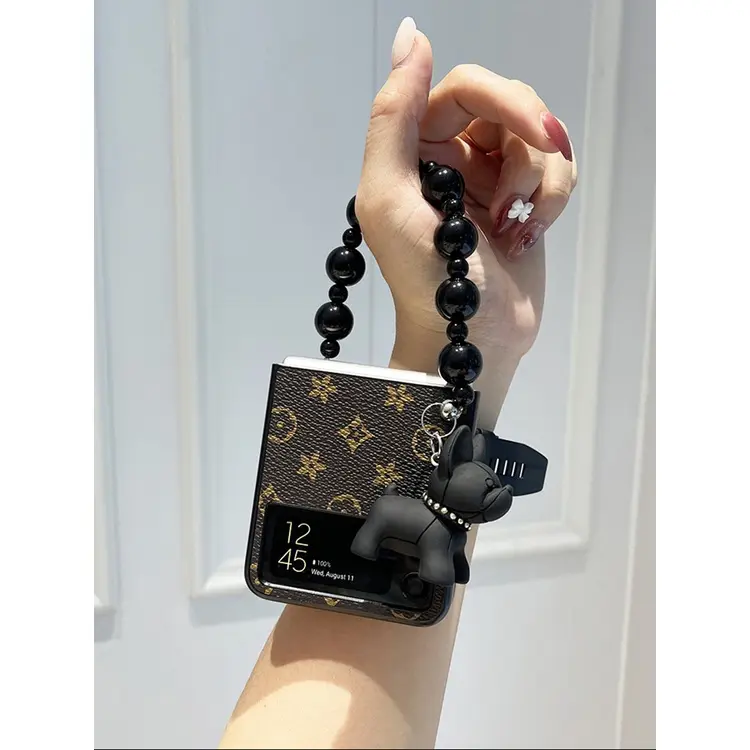 Samsung Galaxy Z Flip 5 4 3 Flip4 Flip3 zflip5 5G Fashion Cute Cartoon 3D French Bulldog Pendant Portable Beads Hand Chain Classic Vintage Flower Patterns PU Leather Case Cover