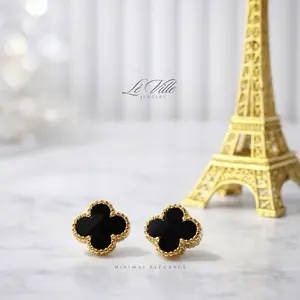 Anting Gold Clover Onyx - Aksesoris Anti Karat Wanita Korea Premium - A1