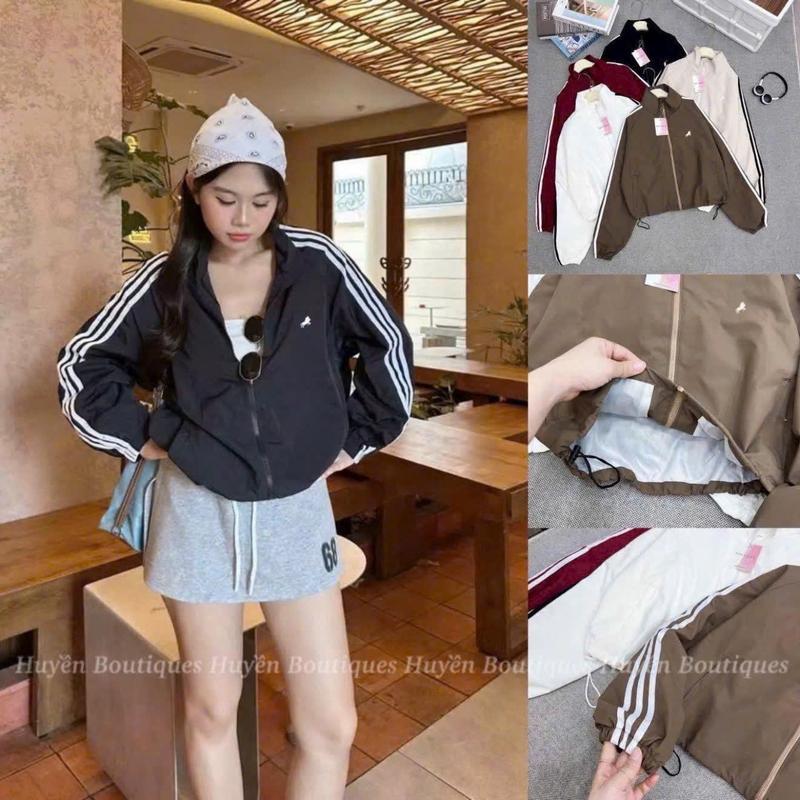 Áo Khoác Gió Nữ 2 Lớp Thêu Logo Phối Kẻ Sọc,Trẻ Trung,Năng Động,Vải Gió Kháng Nước,Cản Gió,Chống Tia UV
