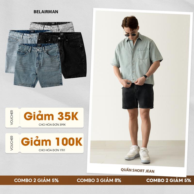Quần short jeans nam BELAIRMAN, form trên gối, khóa kéo, có túi - SJCB0088 Màu Đen , Màu Xanh Đậm , Màu Xanh Nhạt , Màu Xám Menswear Pants