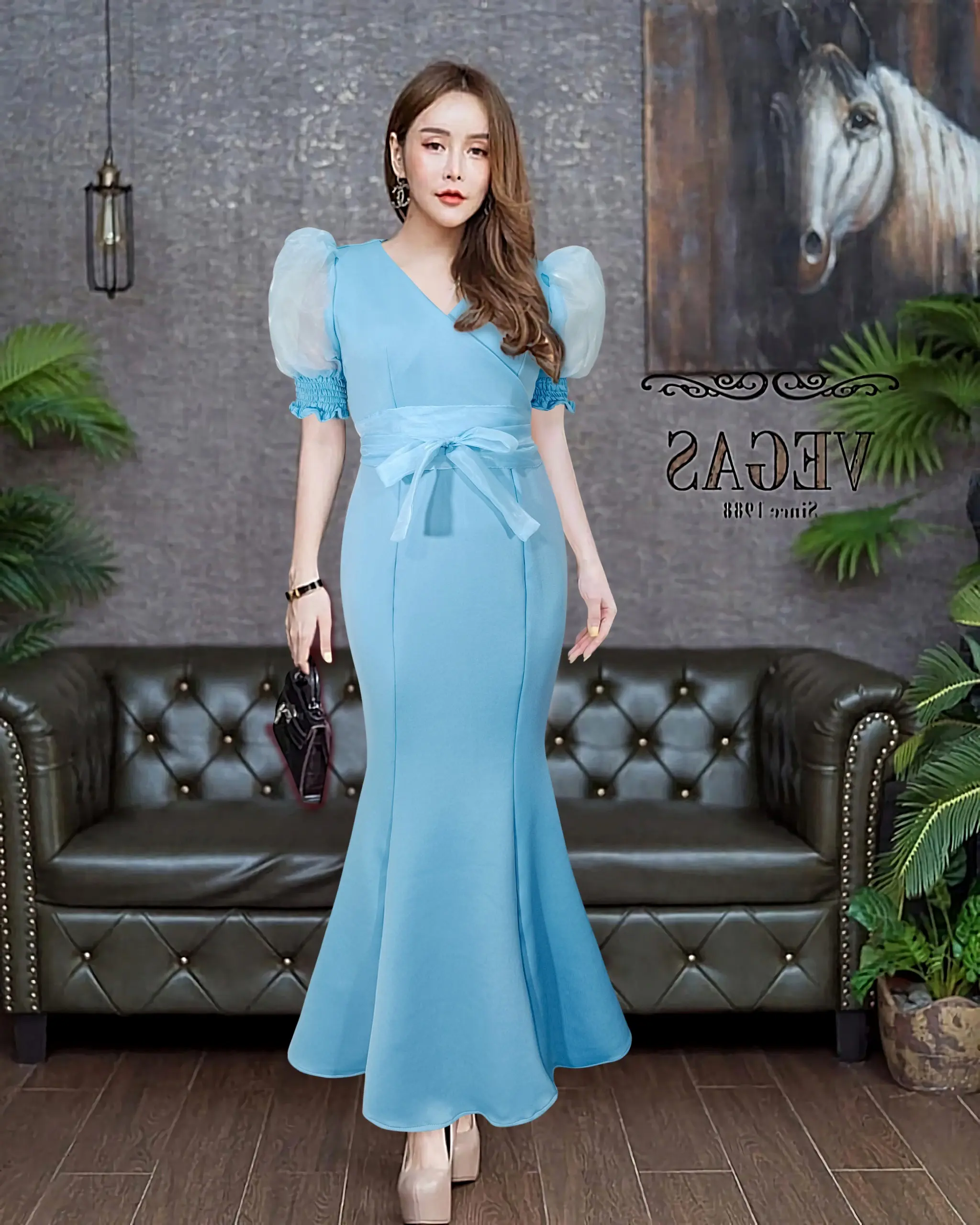 Joanne Fashion | Dress Pesta Kondangan Wanita Panjang Mewah Elegan Fit Formal Lengan Puff Rok Duyung Mermaid Bahan Scuba Premium Terbaru (2685)