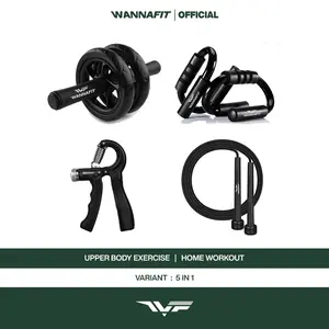 Termurah !! WANNAFIT Paket 5 In 1 | Handgrip Ab Wheel Push Up Bar Skipping | Alat Olahraga Rumah