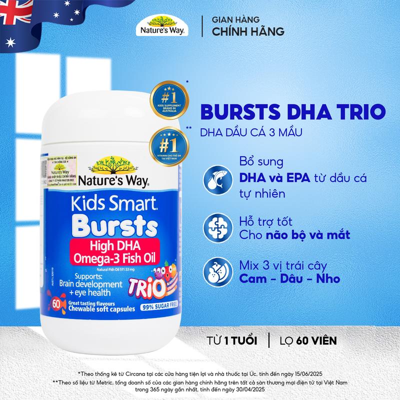 NW Viên Nhai DHA Trio Dầu Cá 3 Màu Nature's Way Kids Smart Omega 3 Fish Oil Trio Bổ Sung DHA Cho Bé Hộp 60 viên - Bổ Sung Omega-3 Cho Trẻ