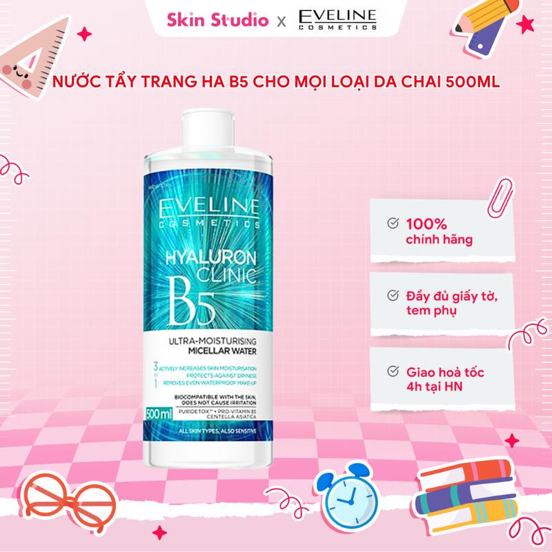 (DEAL 195K) Nước tẩy trang không chứa cồn dưỡng ẩm EVELINE HYALURONIC CLINIC B5 500ml
