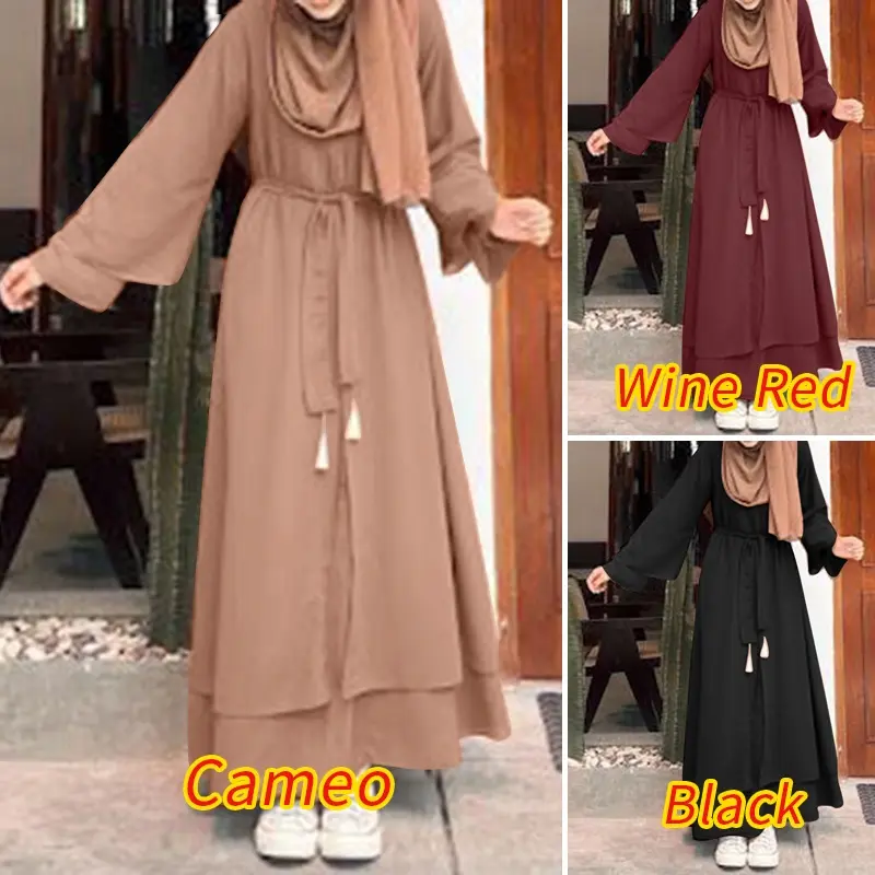 Women Vintage Solid Double Layer Muslim Casual Long Sleeve Maxi Sundress