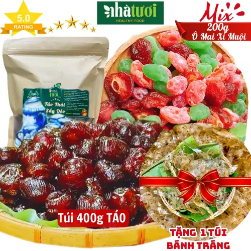 [COMBO TÚI GIẤY] Táo Sấy Dẻo LOẠI QUẢ TO Túi 400g Ô Mai Xí Muội Túi 200g Tặng Túi Bánh Tráng 100g VƯỜN TƯƠI