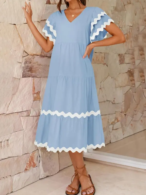 【Plus Size】 Colorblock Print V Neck Dress, Elegant Layered Hem Flutter Sleeve Vneck A Line Dress for Summer, Women's Clothing for Daily Wear, Plus Size Dresses, Womenswear 8