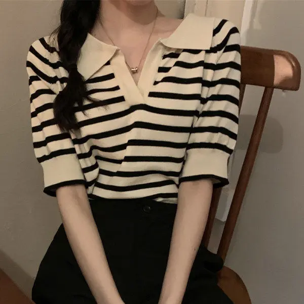 Áo Thun Mùa Hè Cho Nữ, Dáng Rộng Vai, Thiết Kế Mỏng Vừa Vặn, Cỡ Lớn, Cổ Polo Chắp Vá, Dệt Kim Lụa Sọc, ngắn Tay, Thích Hợp Cho Nữ