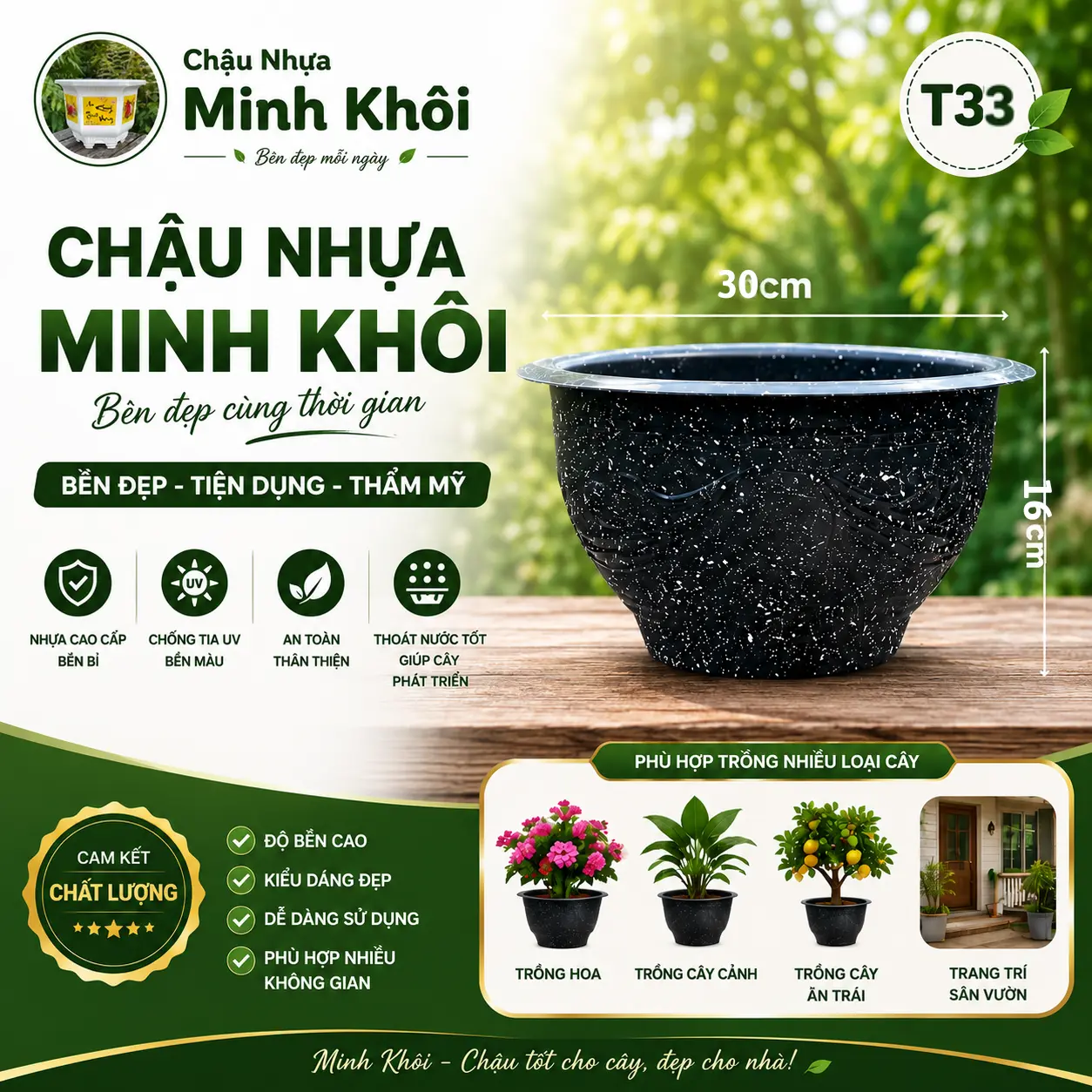 Combo 10 Chậu Nhựa T33 Minh Khôi - Đường Kính 30cm, Cao 16cm, Màu Đen Đá, Đỏ, Chất Liệu Nhựa Cứng, Miệng Dày