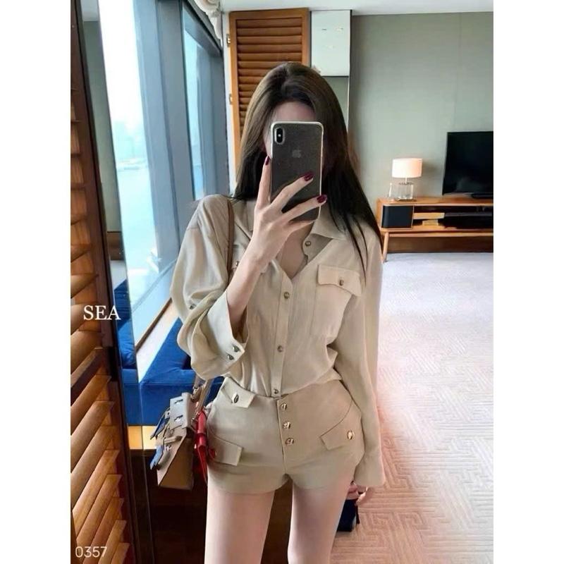 Set Áo Sơ Mi Tay Dài Mở Cúc Kèm Quần SHORT Cạp Cao - Hân Linh shop