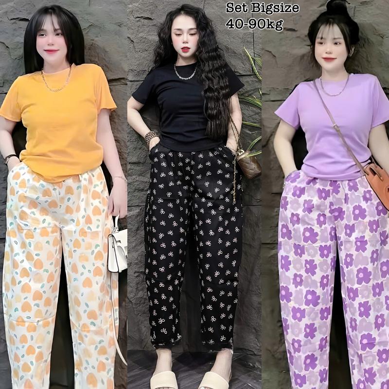 [Ưu Đãi Độc Quyền TTS] - Set Bộ Dài Bigsize Nữ Áo Thun Cổ Tròn Nút Quần Dài Vải Lụa Mịn Mát Dễ Thương Cao Cấp Xinh Đẹp Sang Trọng  50-95kg Áo Top Cotton Màu Nâu Sen Màu Đen Set Đồ Nữ đẹp Set Áo  Bộ Suit Nữ Sang Chảnh Bigsize Women Trắng Kem - 2471