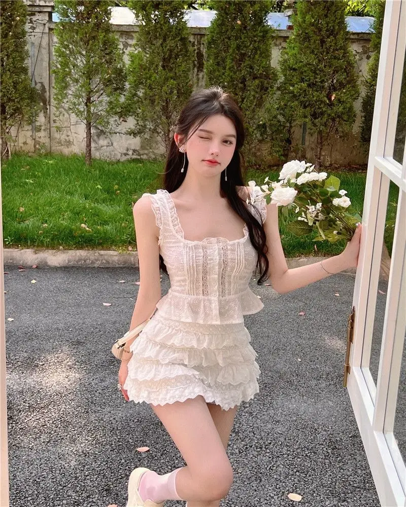 Skirt Wanita, Sut Suspender Kecil Manis, Fesyen Baru, Atasan Renda Ruffle, Skirt Kek, untuk Wanita
