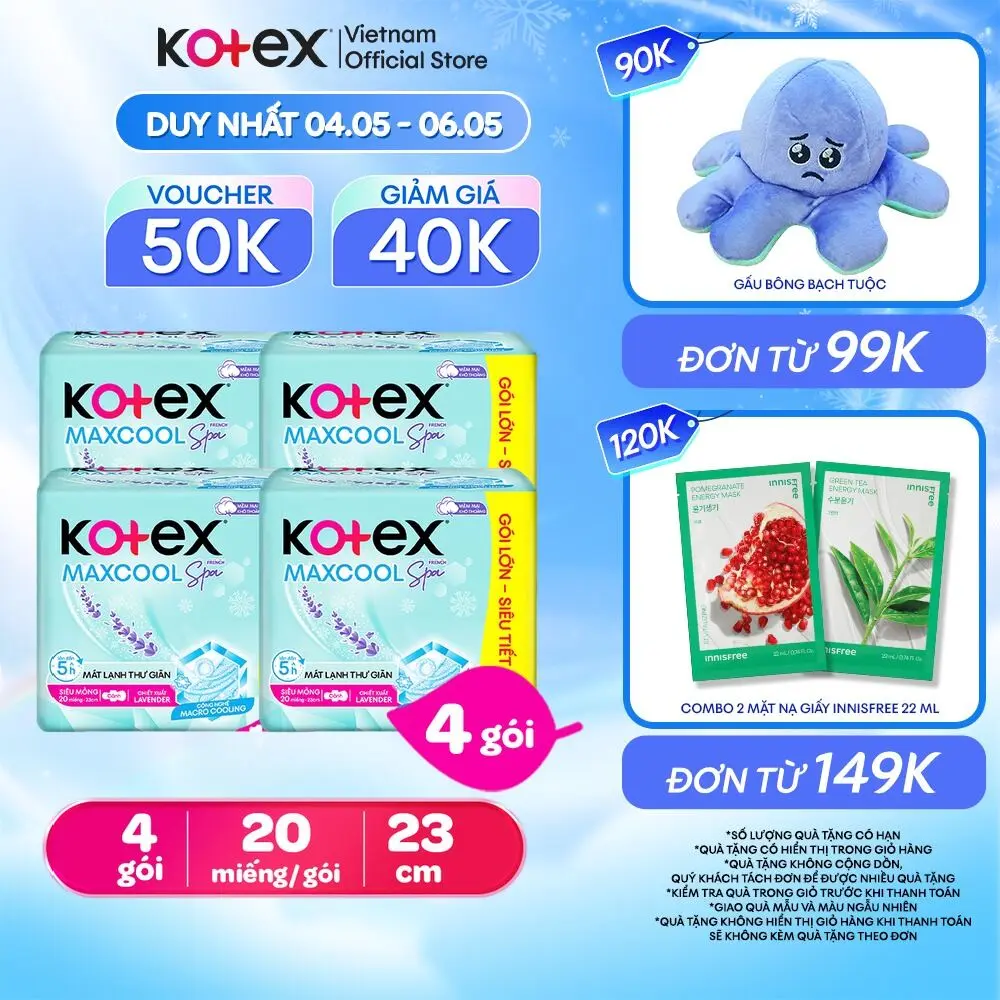 Combo 4 gói băng vệ sinh Kotex Maxcool French Spa Siêu mỏng cánh 23cm (20M/gói) [Bao bì thay đổi tùy đợt nhập hàng]