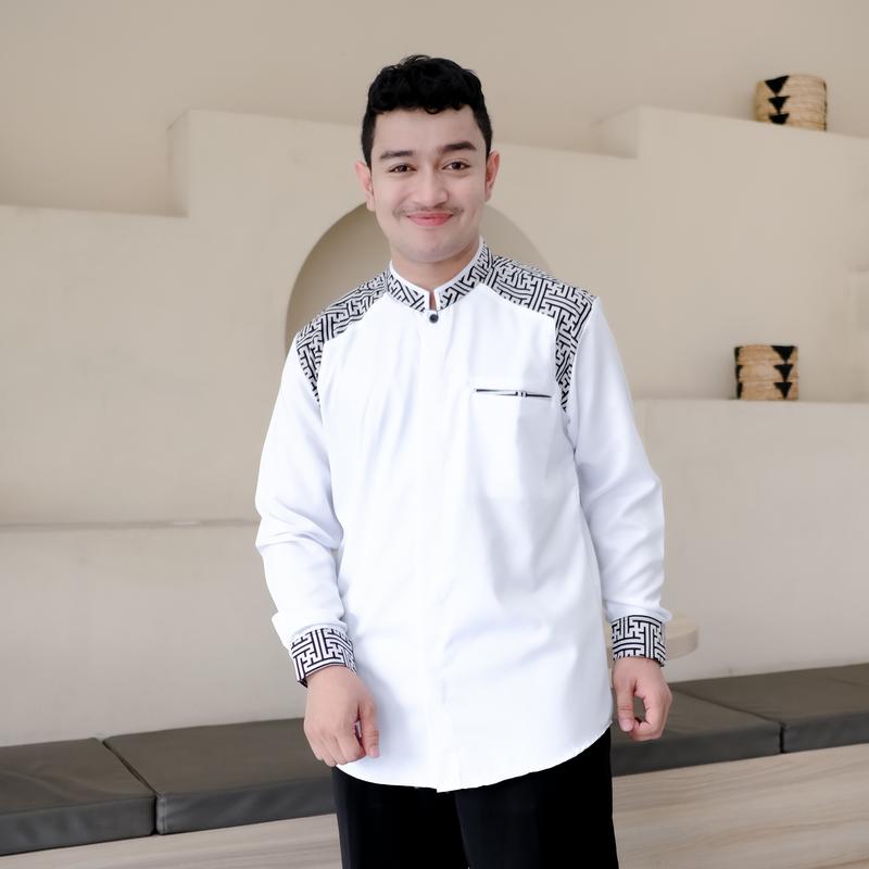 Baju Koko El Rumi Araseo Lengan Panjang Kombinasi Batik Putih Kain Katun - Pria, Muslim 5