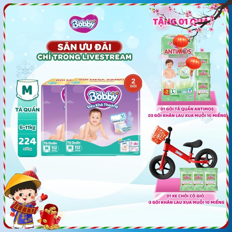 COMBO 2-TẶNG QUÀ Bobby Tã bỉm quần M112 L96 XL84 XXL76 Siêu khô thoáng
