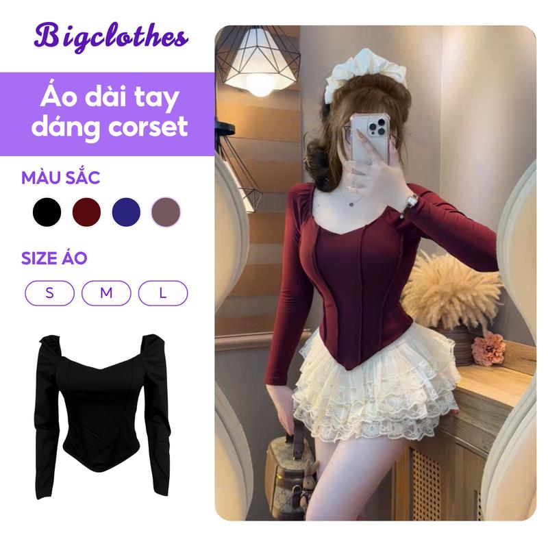 [DEAL MỞ BÁN] Áo Thun Nữ Dài Tay Dáng Corset BigClothes, Áo Thu Đông Dài Tay Cổ Tim Vạt Nhọn D16