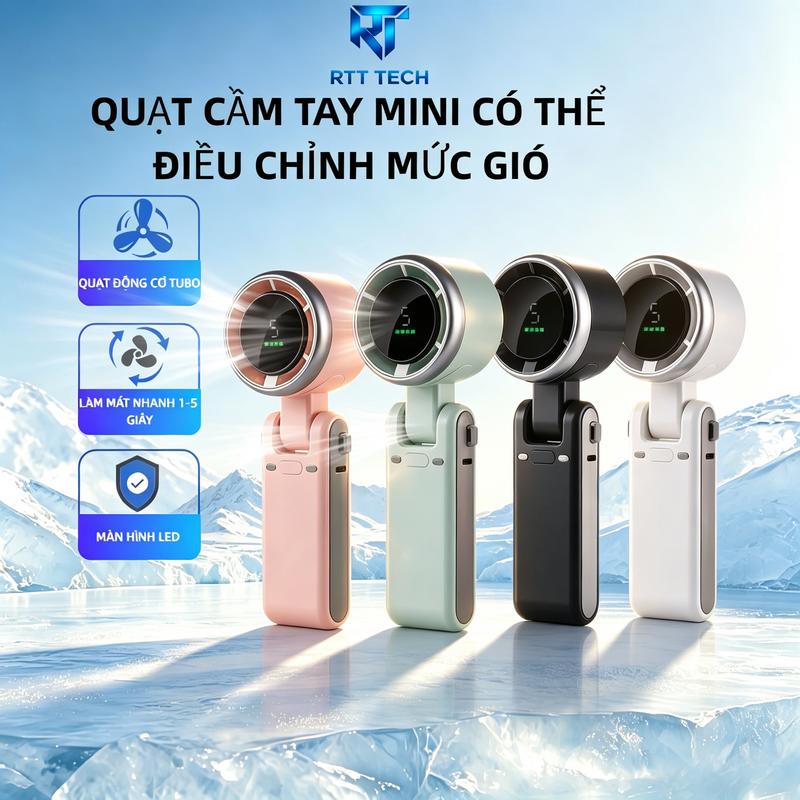 quạt nhỏ cầm tay Quạt Tích Điện Gấp Gọn Màn Hình LED Hiển Thị Pin, 5 Cấp Độ Gió Siêu Mạnh