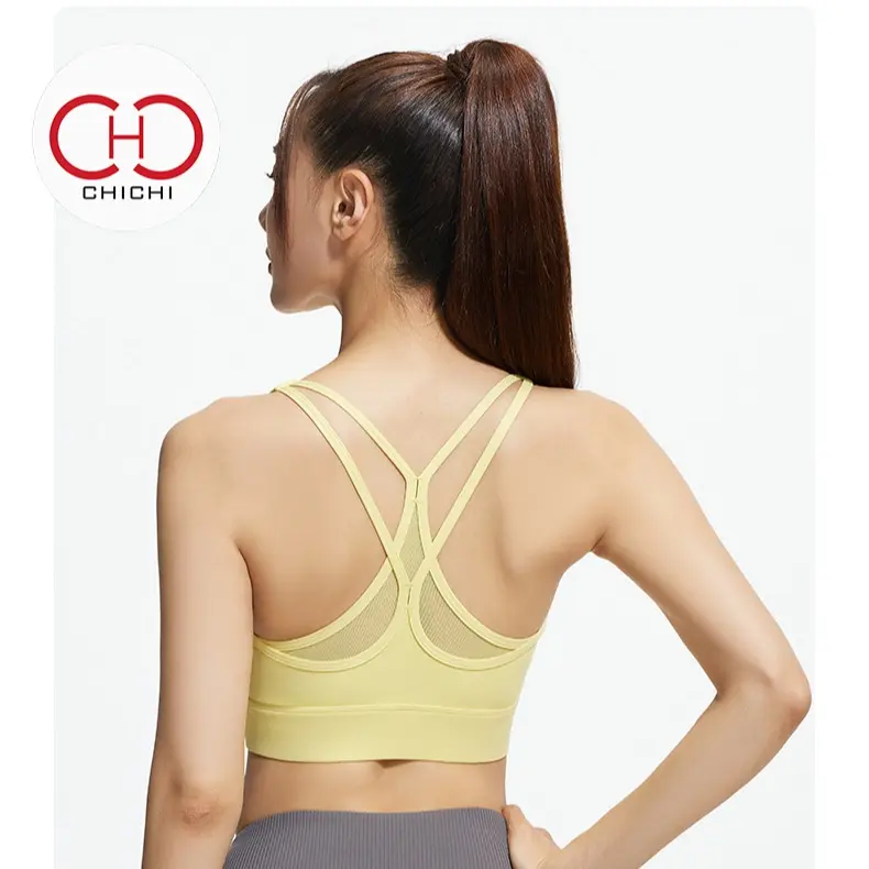 CHICHI Vest High Elasticity Cross-back Sports Bra Mesh Backless High-strength Shockproof Gathered Fitness Sports Women Bra-free Top Tight Running Cycling Tennis