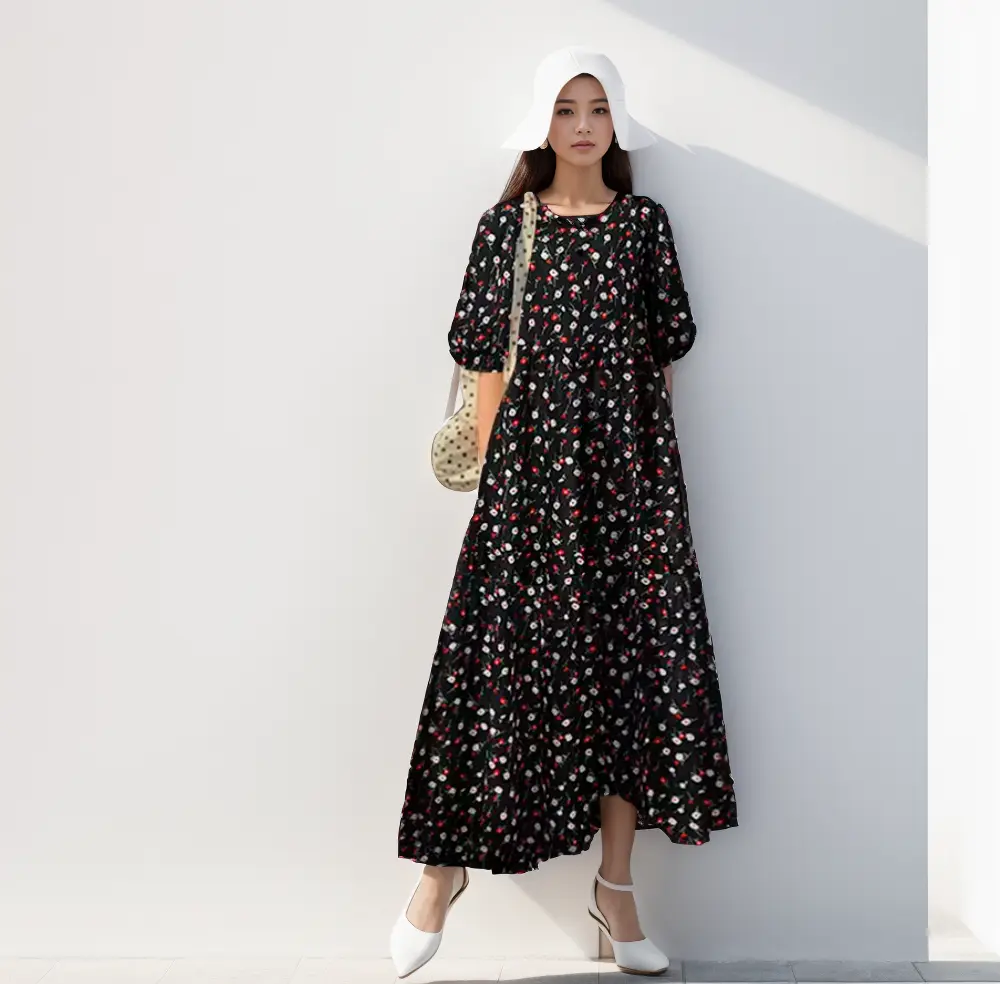 Pakaian Musim Bunga Elegan, Gaya Kasual, Untuk Wanita, Diperbuat daripada Kapas, Leher V, Rekaan Bunga, Gaya A-line, Borong Kilang, Sesuai untuk Eropah dan Amerika Syarikat Dress Lengan Casual