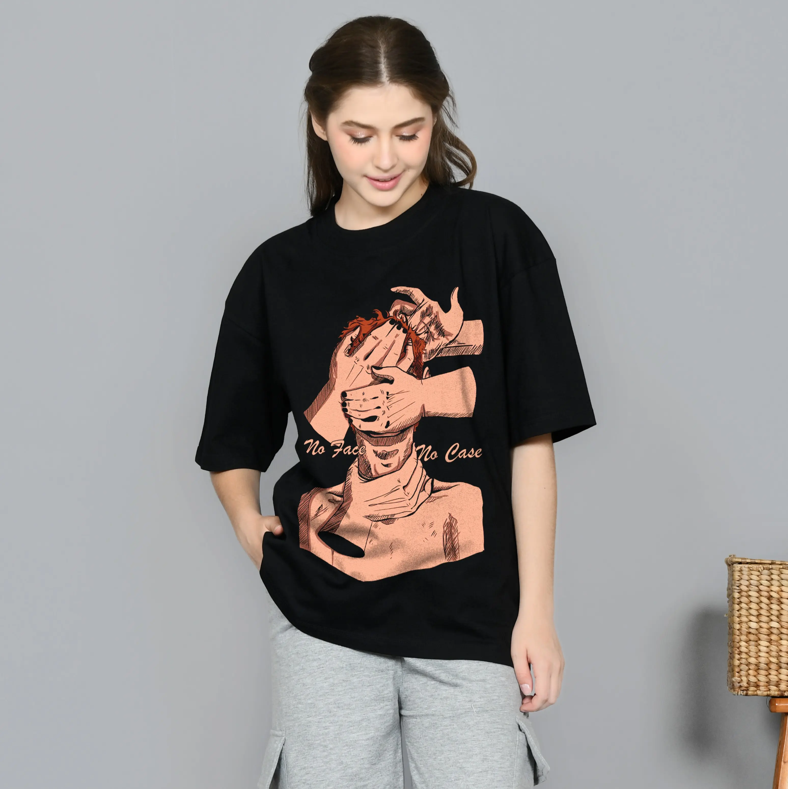 OVERSIZED T-Shirt GVRL " NO FACE NO CASE " | Kaos Oversize Unisex | Cotton Combat 24s Tebal | Baju Distro Pria Dan Wanita Hitam Kain Combed Sablon Lembut Polos