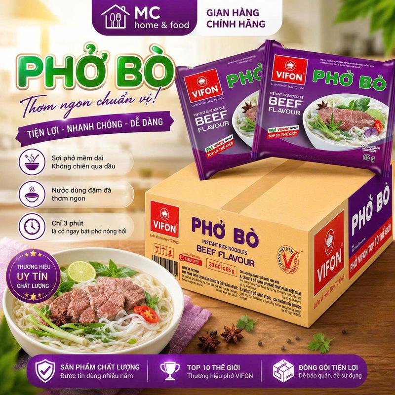 Thùng 30 Gói Phở Bò/Phở Gà/Phở Chay Rau Nấm Vifon 65g Ăn Liền - Sợi Dai Nước Dùng Đậm Đà