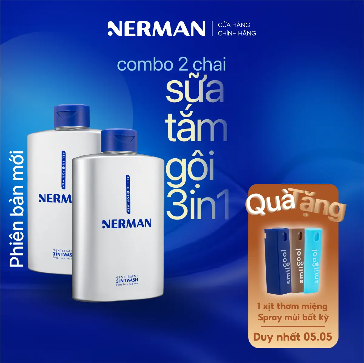 [Mua 2 tặng 1] Sữa tắm gội cho nam Nerman hương nước hoa cao cấp Gentleman 3 in 1 350ml [tặng 1 xịt thơm miệng Spray vị bất kỳ]