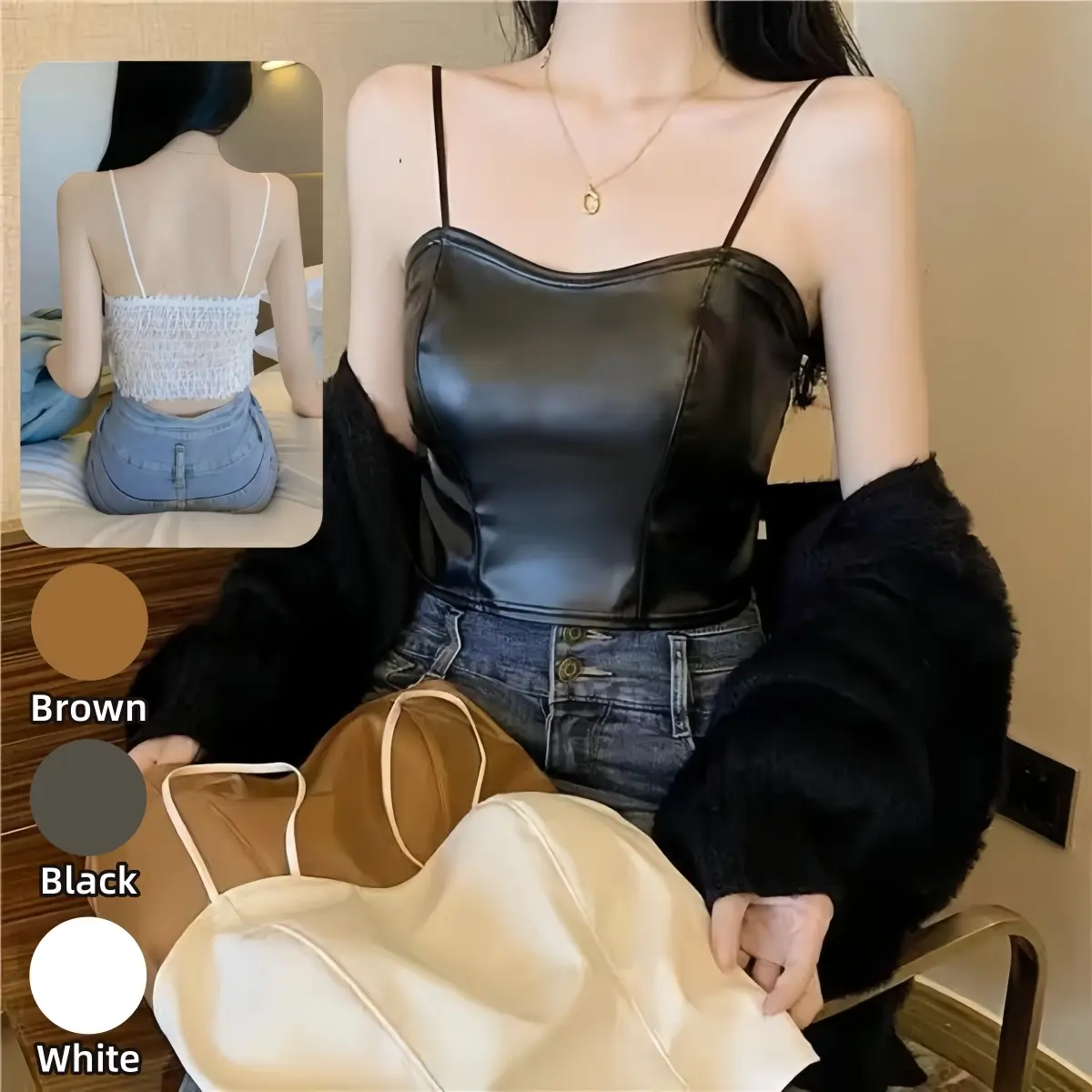 Áo Vest Da, Dành Cho Nữ, Có Đệm Ngực, Phong Cách Đường Phố, Cao Cấp, Liền Mạch, Thiết Kế Đẹp, Định Hình, Dễ Phối Đồ, Áo Yếm Ngắn