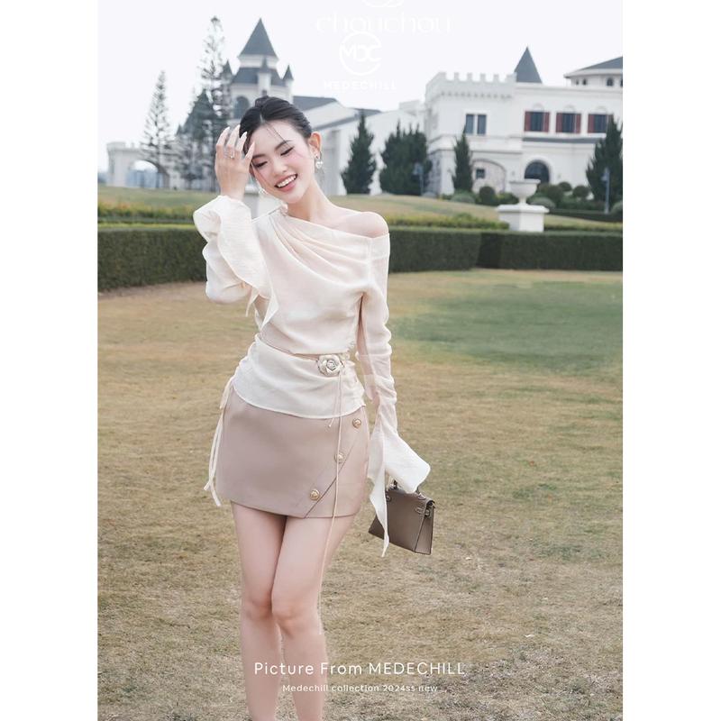 Set Áo Lệch Vai Chân Váy Chữ A Tiểu Thư MEDECHILL Set Kèm Đai Hoa Phù Hợp Dạo Phố Dự Tiệc S559