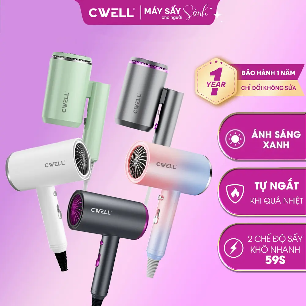 Máy sấy tóc mini CWell 4 mùa nâng cấp 1200W, 3 chế độ sấy ấm - nóng - mát kèm ánh sáng xanh, nút ngắt nhiệt nhanh, giảm khô tóc khi sấy cho nam & nữ - TẶNG ĐẦU SẤY C02HD - BH 12 THÁNG