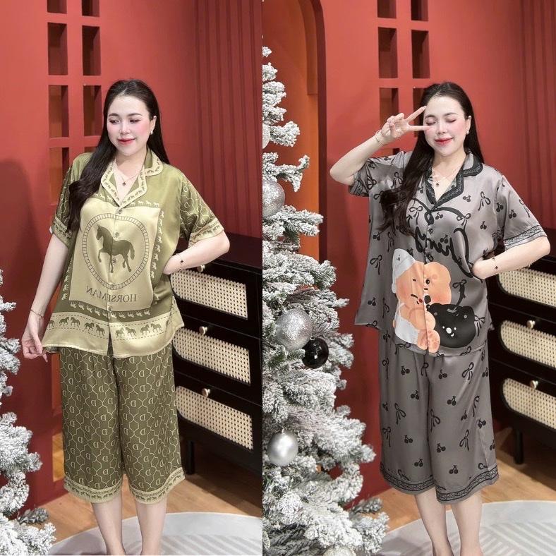 Đồ bộ lửng chất liệu lụa latin mềm mát mặc nhà thoải mái họa tiết dễ thương dành cho nữ có 2 size từ 48 - 80kg bộ ngủ