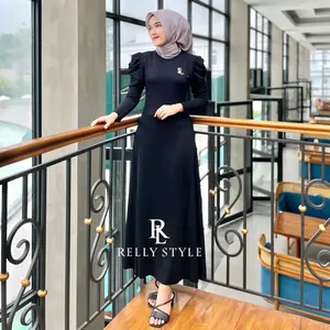 Relly Style Dress Panjang Rib Knit Premium untuk Wanita Elegan Simple Bahan Adem Melar Lengan Balon Trendi Cocok untuk Casual Hangout Kondangan dan Daily Outfit