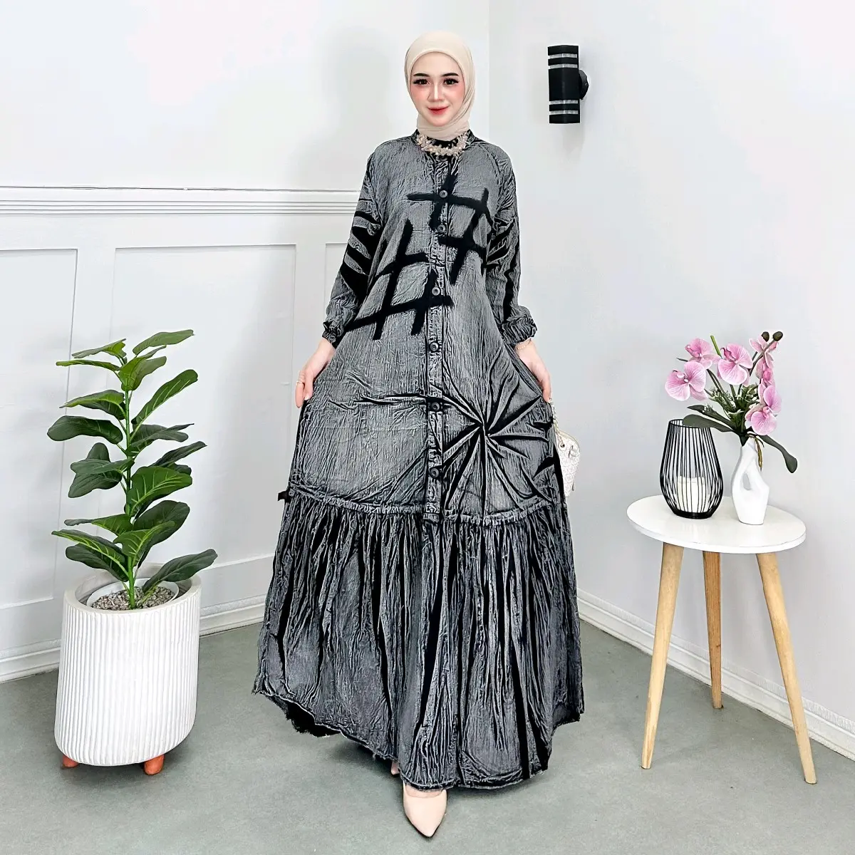 Gamis elegan cantik Abaya Hitam gamis kombinasi .Dres  Panjang Nyaman manik Kancing Gamis Rayon Motif Garis.Gamis Motif Jeans Wanita Muslim gamis  Ibu Menyusui