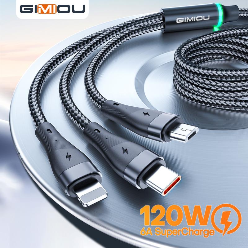 Bộ sạc nhanh Cáp GIMIOU 120W 3 trong 1 Type C sang Lightning 6A Dây dữ liệu Micro Sạc siêu nhanh Tương thích với Android USB C Thích hợp cho iPhone Samsung Xiaomi Vivo Realme Cáp USB C sạc 3 đầu sạc nhanh