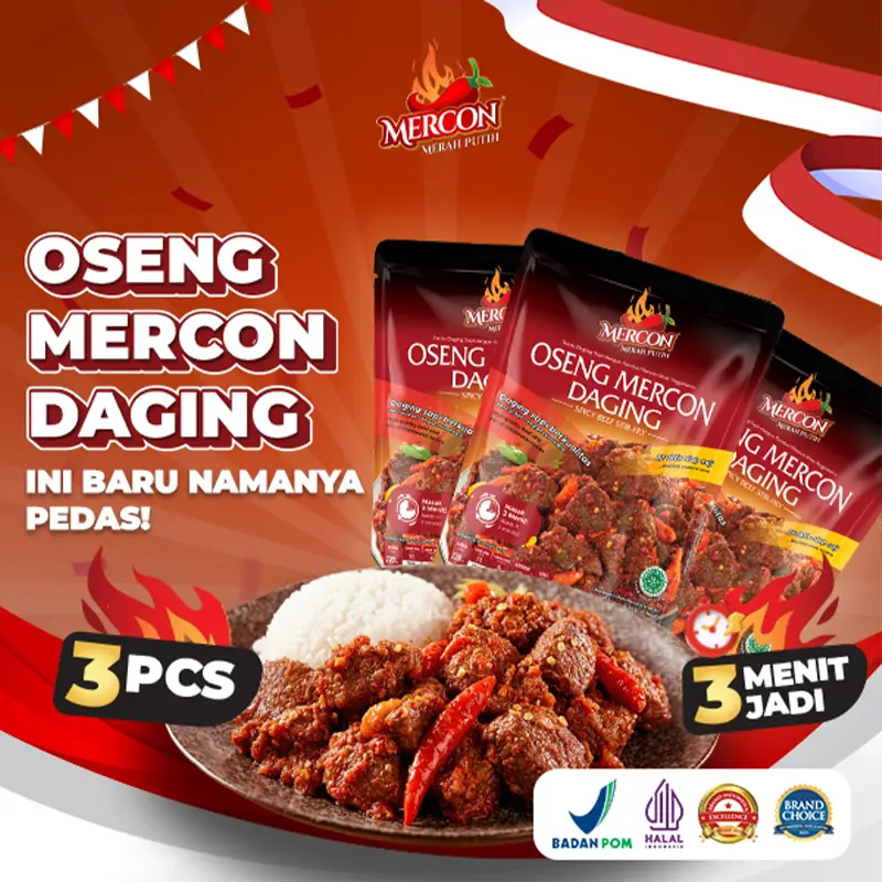 Mercon Merah Putih - Hemat Combo Bertiga || 3 x Oseng Mercon Daging Lauk Siap Saji Oseng Nusantara Pedas