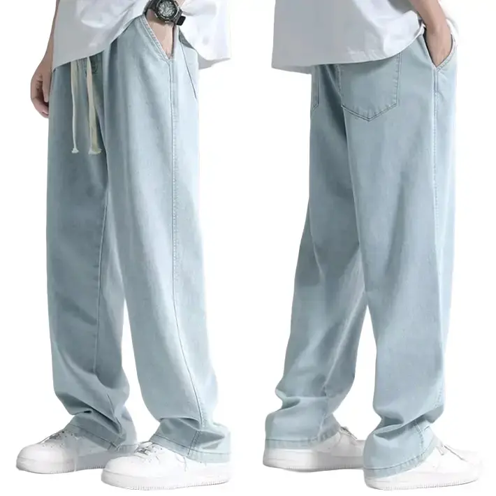 Celana pria loose pant jeans model terbaru Jeans model kulot celana jeans pinggang karet jumbo denim Panjang Straight Oversize Cowok Dewasa Biru Muda Hitam Nyaman Kerja Keren Trend Loose-fitting