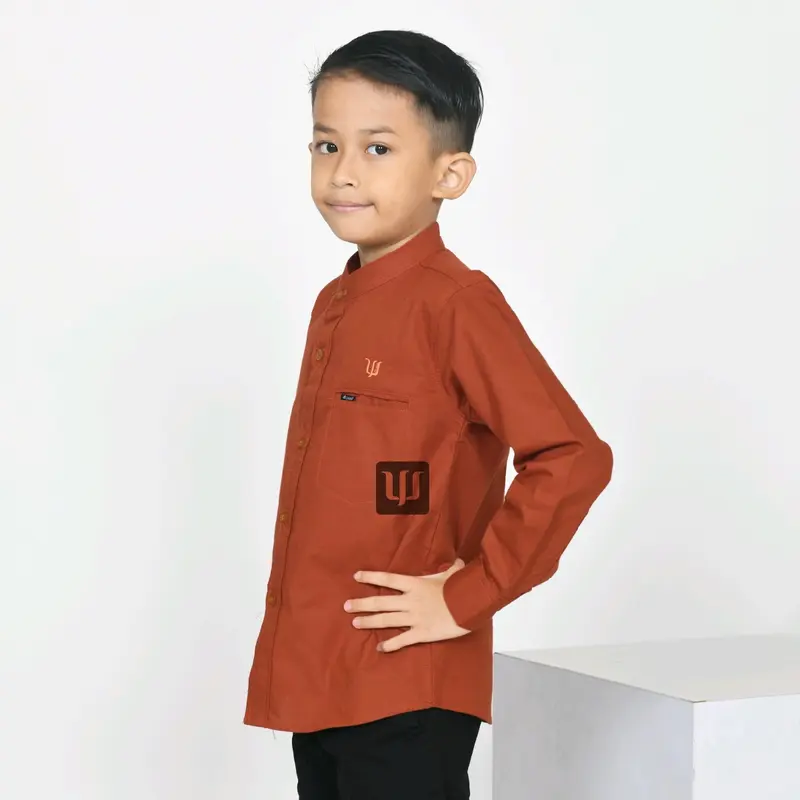 KEMEJA KOKO ANAK COUPLE AYAH (satuan) POLOS KATUN FULL LENGAN PANJANG PENDEK WARNA merah BATA / TERAKOTA Baju Muslim Keluarga 6