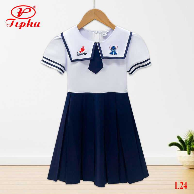 Đầm liền đồng phục cho bé gái đi học, tùng xếp ly và tùng xéo, cổ sen thêu hình xinh xắn