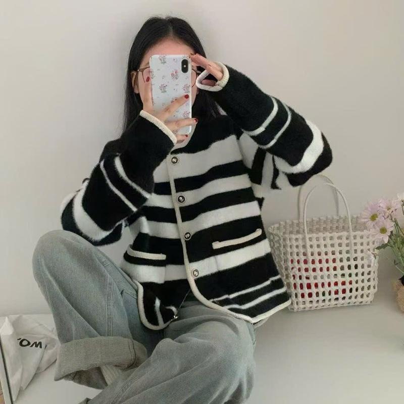Áo Khoác cadigan len viền đan chất dày dặn mềm kẻ ngang thu đông Top Women
