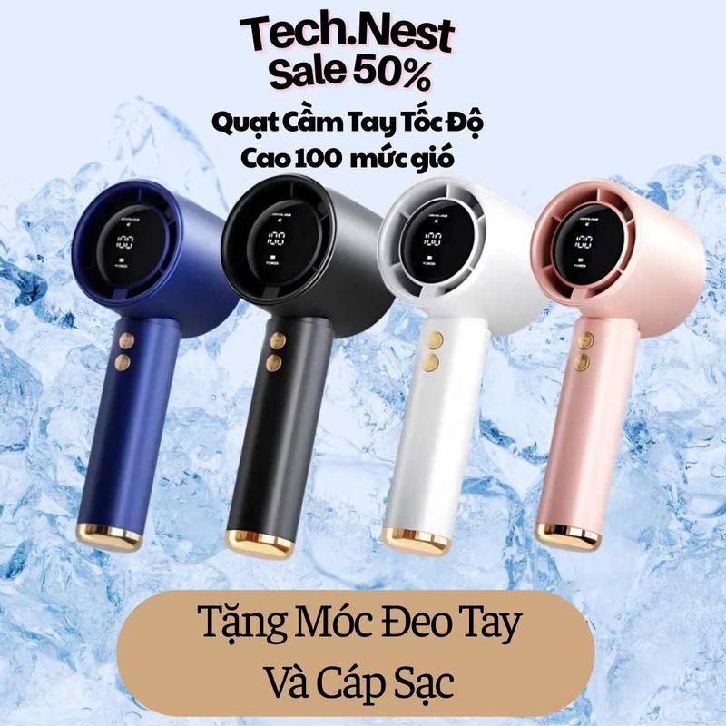 Quạt Cầm Tay Tốc Độ Cao Có Kèm Dây Treo 100 Tốc Độ Gió Điều Chỉnh Tự Do Turbo Pin 5000mmAh Màn Hình Hiển Thị Phần Trăm Pin Và Tốc Độ Gió