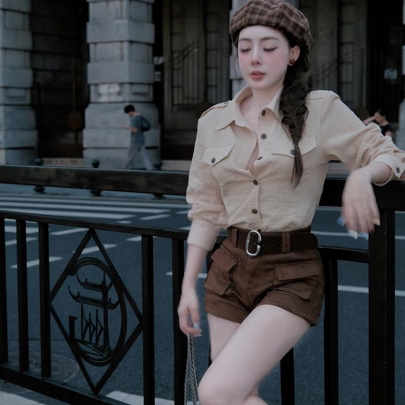 ( Tặng đai ) Sét Áo Sơ Mi Dài Tay Túi Ngực Mix Quần Sooc Đùi Da Lộn Dành Cho Nữ Sang Chảnh by T.LINH STORE 68