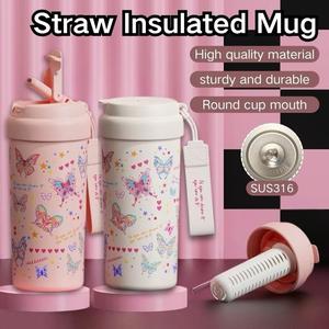 [MY 24H] Kawaii Butterfly Tumbler Stainless Steel Thermos Cute Coffee Tumbler with Tea Strainer Stainless Steel Girl Thermos Cup Flask Tumbler Tumbler Tahan Sejuk floral soft pink tumbler coquette rosca zus terbaru