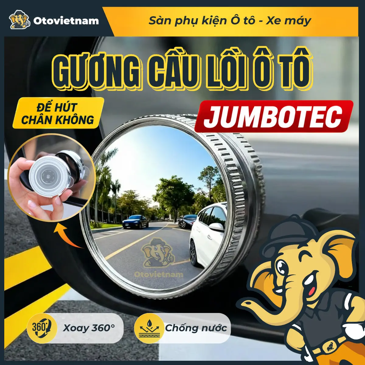 Gương Cầu Lồi Ô Tô Jumbotec Đế Hút Chân Không Xoay 360 Độ Chống Nước Tăng Tầm Nhìn Loại Bỏ Điểm Mù An Toàn Khi Lái Xe