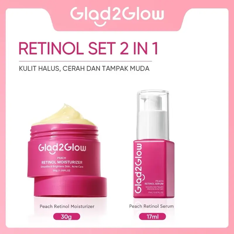[PROMO 2in1] Glad2Glow Peach Retinol Serum 17 ml  + Glad2Glow Peach Retinol Moisturizer 30gr skin barrier Retinoid Memudarkan Garis Halus Memudarkan Kerutan Menghaluskan  merawat jerawat dan kemerahan 0