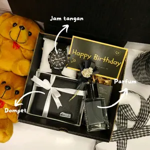 Hampers Cowok Murah Gift Box Cowok Kado Ulang Tahun dengan Jam Tangan Parfum Dompet Kulit dan Mini Buket