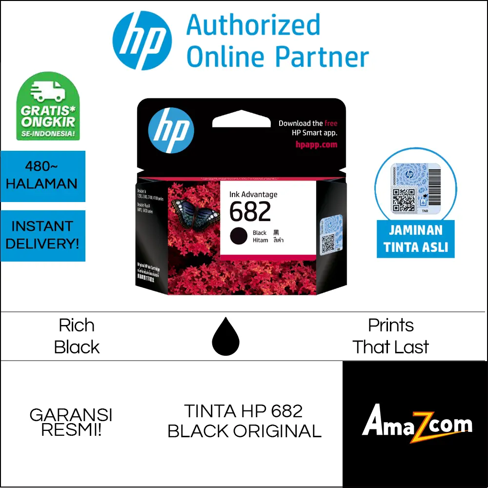 HP Tinta 682 Black / Hitam Original Cartridge Tinta Asli Printer HP 1216 2335 2336 2337 2775 2776 2875 2876 4275 49896475
