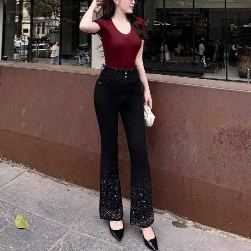 Quần Jean Nữ Ống Loe Đen Đính Đá Phong Cách Sang Trọng Chất Vải QC Mềm Mịn Co Giãn Tốt Cạp Cao Hack Dáng