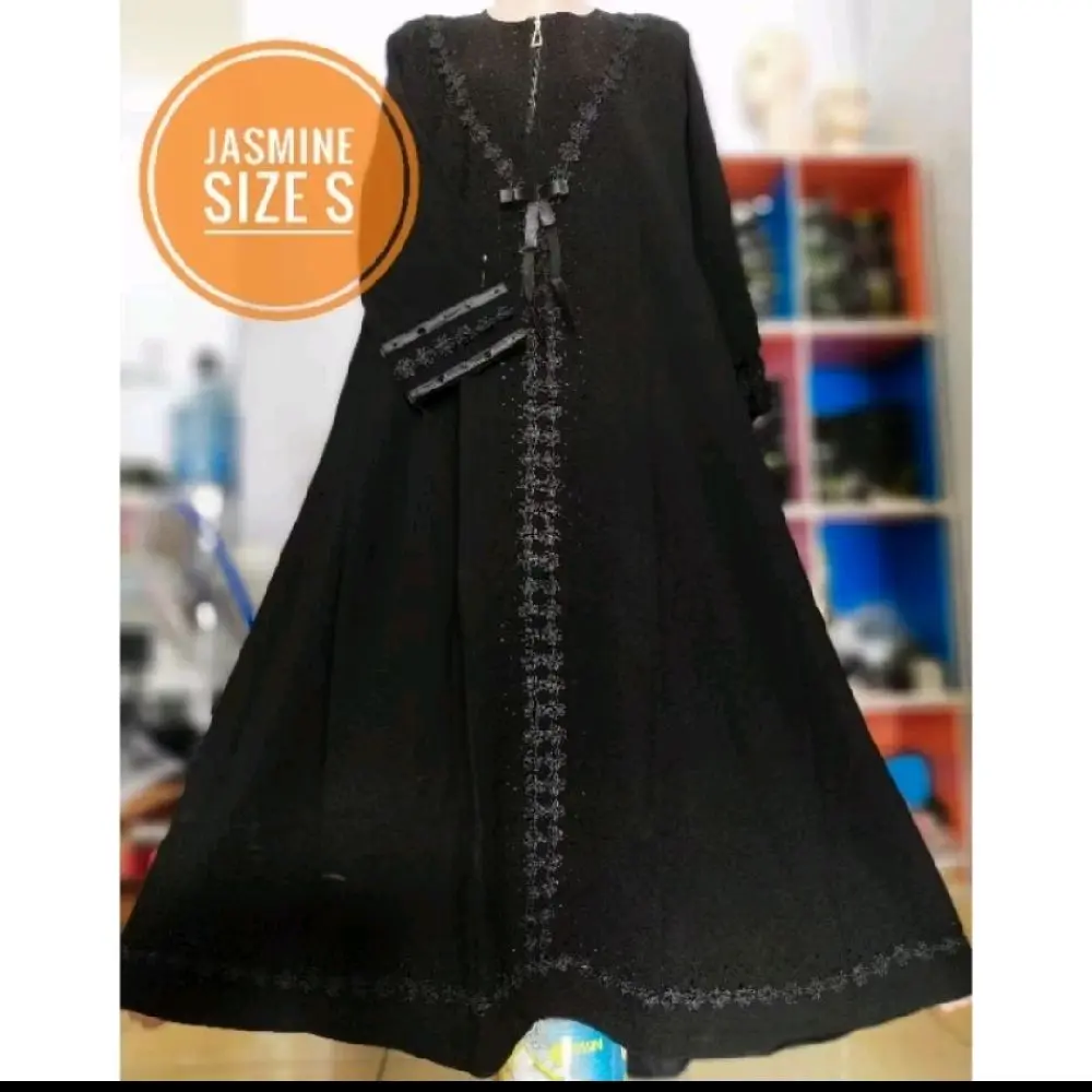 Abaya Dewasa Salma Bahan Jetblack - Busana Muslim Wanita - Turki, Remaja, Dress, Syari, Gamis, Bordir, Lebaran, Hitam