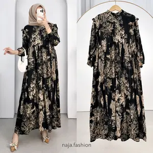 Midi Dress Rayon Premium Motif Bunga | Home Dress Wanita Muslim Busui Friendly