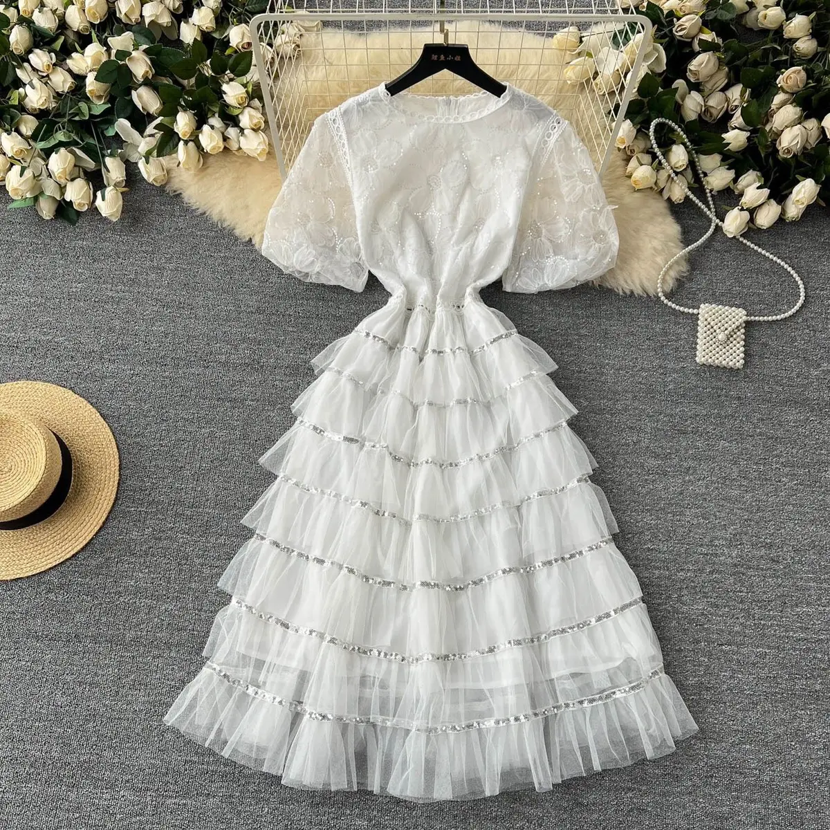 Flower Lace Tutu Midi Dress Casual Gaun Wanita Pink/Putih/Merah Bunga Floral Pesta Elegant Luxury Korean Style